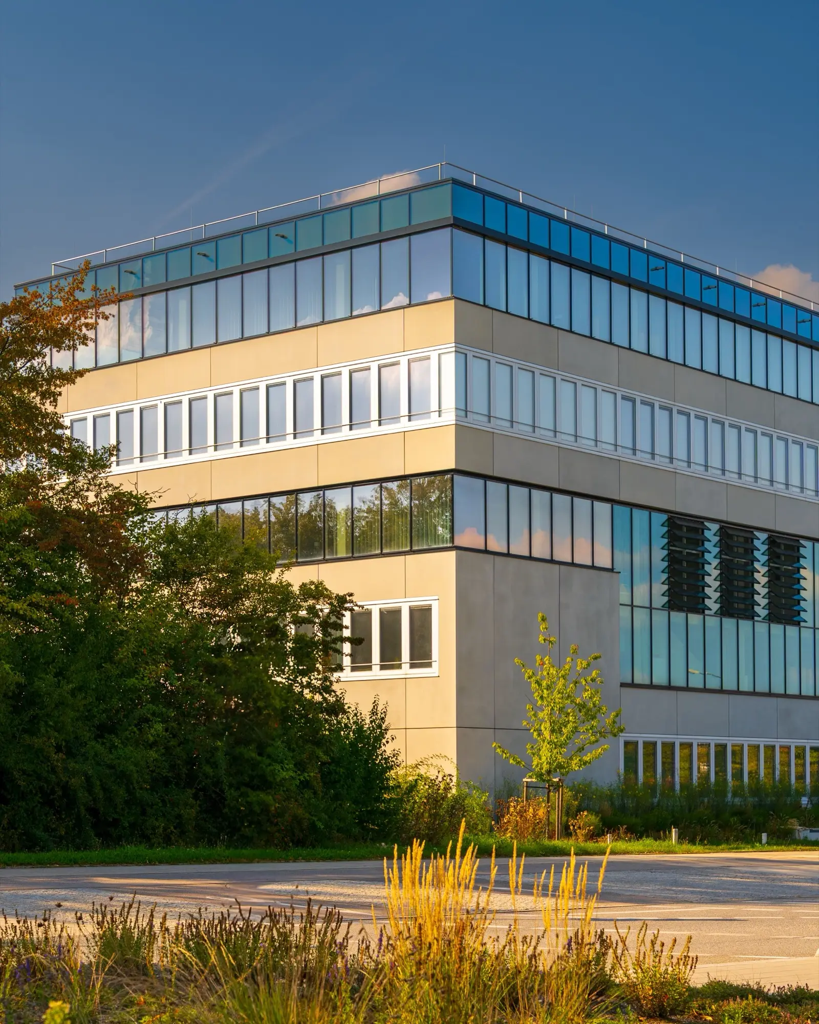 A building facade finished in a pale scheme
