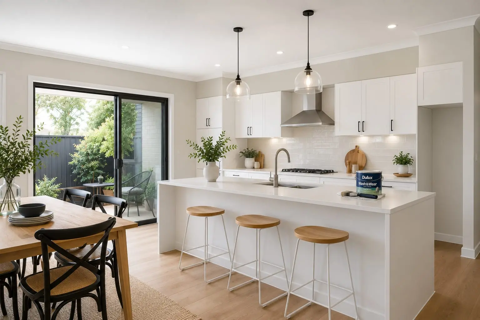 Freshly painted open-plan living and dining room with flawless white walls in Western Sydney