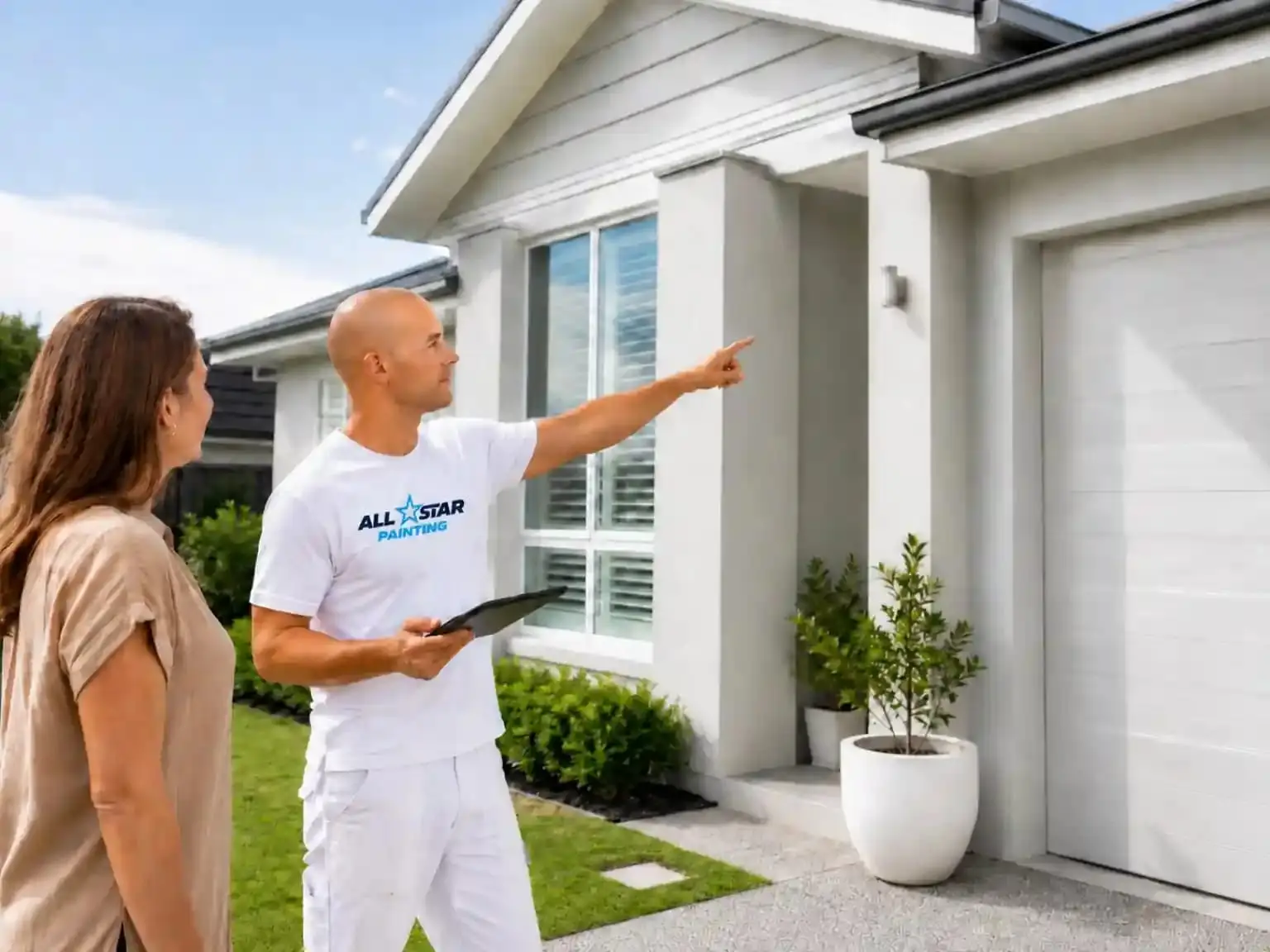 Ross going through a residential painting quote with a homeowner outside their St Clair home